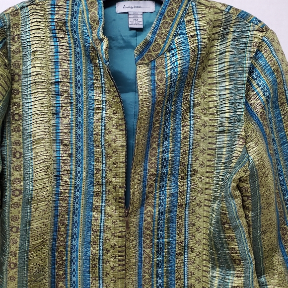 Analogy Petites PM Green Blue Zip Front Textured Jacket New - Picture 2 of 8